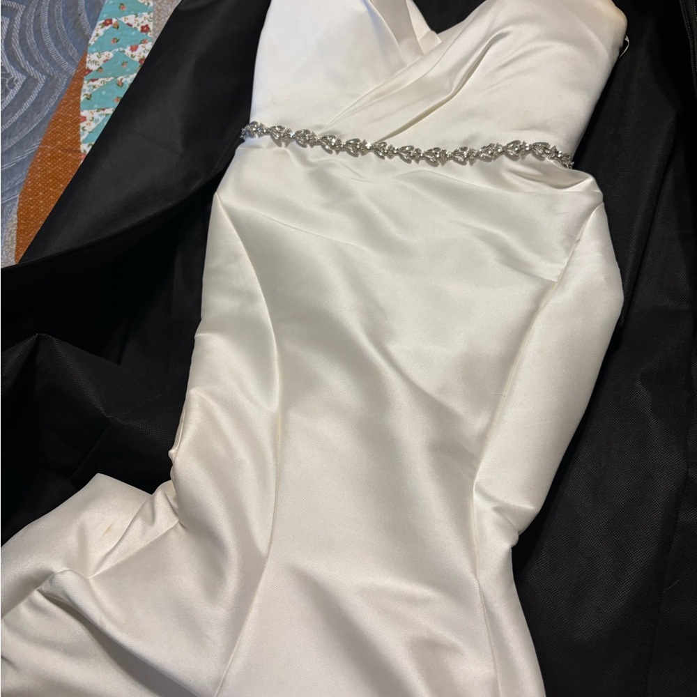 Sottero and Midgley Strapless White Satin Dress with Crystal Waist